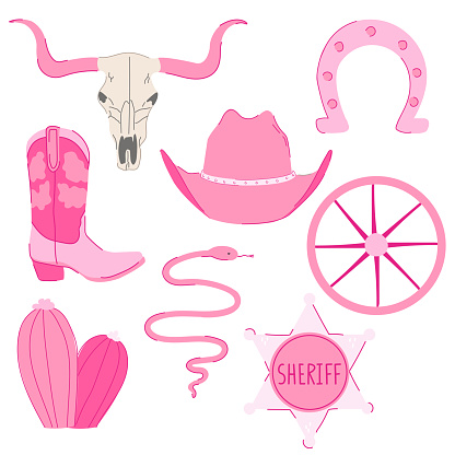 A set of pink cowboy western design elements. Wild west concept. Boots, skull, hat, sheriff badge, snake, cactus, horseshoe. Colorful cowgirl collection.