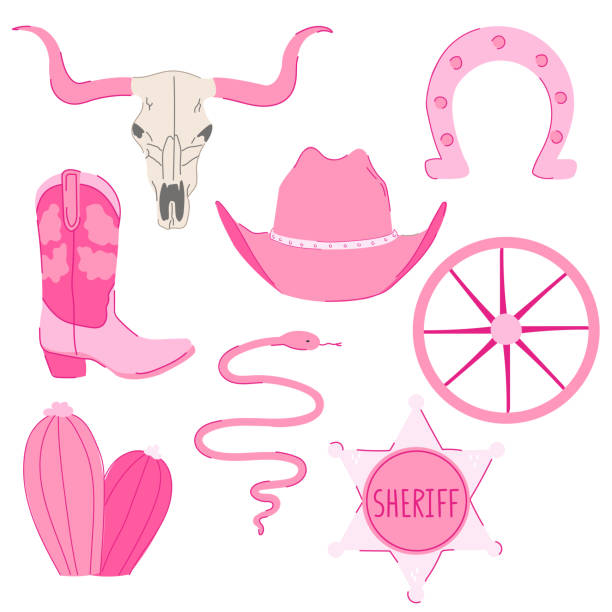 A set of pink cowboy western design elements. Wild west concept. A set of pink cowboy western design elements. Wild west concept. Boots, skull, hat, sheriff badge, snake, cactus, horseshoe. Colorful cowgirl collection. officer boots stock illustrations