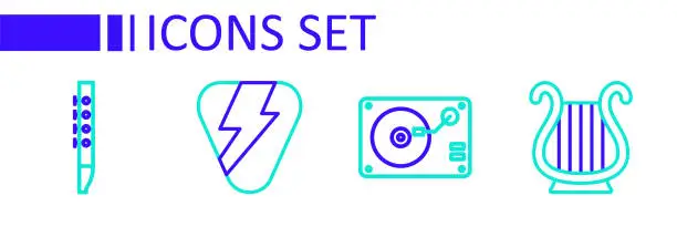 Vector illustration of Set line Ancient Greek lyre, Vinyl player with vinyl disk, Guitar pick and Flute icon. Vector