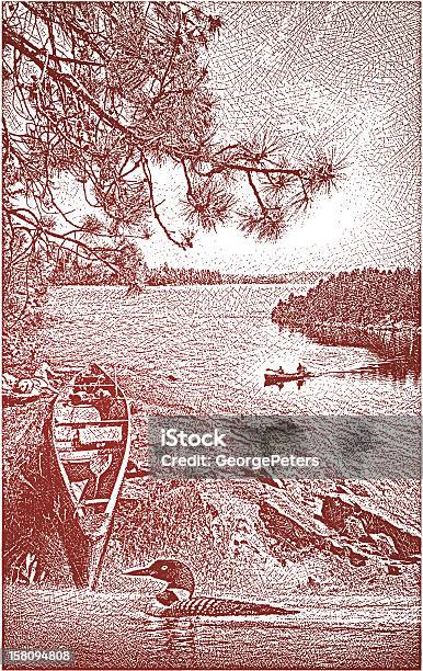 카누 호수 및 아비새 에칭에 대한 스톡 벡터 아트 및 기타 이미지 - 에칭, 여름, 새긴 이미지