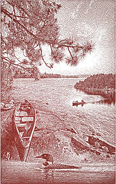 Vector illustration of Canoe, Lake and Loon