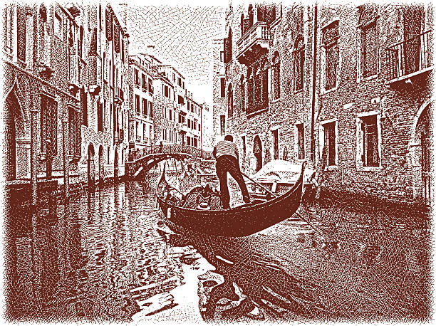 Venice Gondola Etching illustration of gondola traveling down an enchanted Venice canal. Milan iStockalypse. transfer print stock illustrations