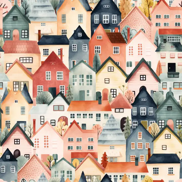 Vector illustration of European houses seamless pattern. Cute watercolor buildings. Trendy scandi wallpaper, decorative backgrounds