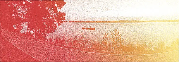 Vector illustration of Canoeing and Fishing on a City Lake