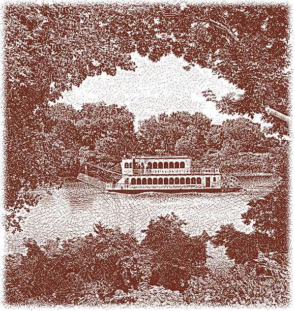 ミシシッピ川やパドルボート - old fashioned scenics engraving river点のイラスト素材／クリップアート素材／マンガ素材／アイコン素材