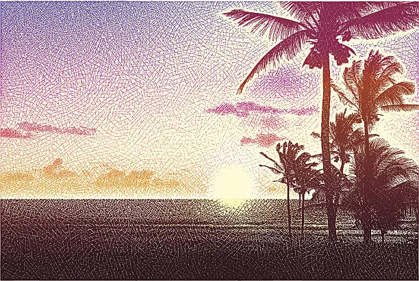 Vector illustration of Beach, Palm Trees and Sunset