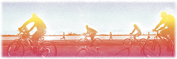 Bike Path and Lake On Summer Day Etching illustration of cyclists and joggers on city bike path with lake and city skyline in background. blurred motion people walking stock illustrations