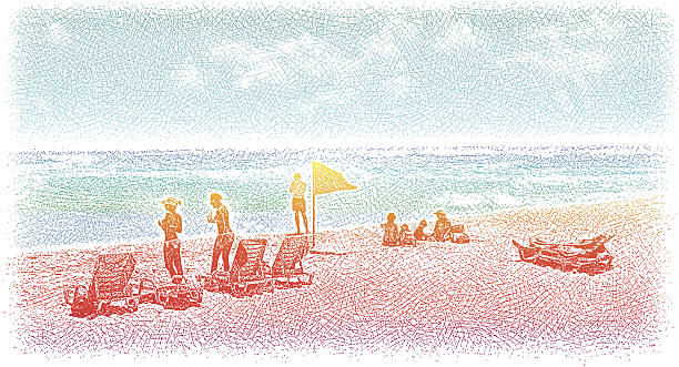 ilustrações, clipart, desenhos animados e ícones de banho de sol na praia - fun tourist resort beach group of people