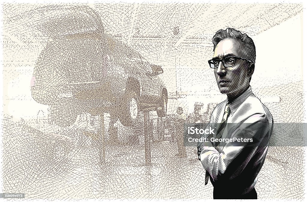 Car Repair Shop Engraving illustration of man at car repair shop looking on while technician works on car.  Car stock vector