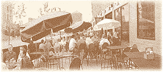 Etching illustration of people enjoying summer with drinks and food at an outdoor patio. Makes a great background.
