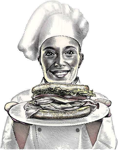 ilustraciones, imágenes clip art, dibujos animados e iconos de stock de chef y un sándwich - sandwich ham white background lunch