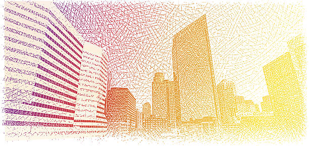 Skyline Sunrise Etching illustration of skyscrapers in the financial district of Minneapolis, Minnesota, USA. Beautiful sunrise/sunset. Also communicates heat. minneapolis illustrations stock illustrations