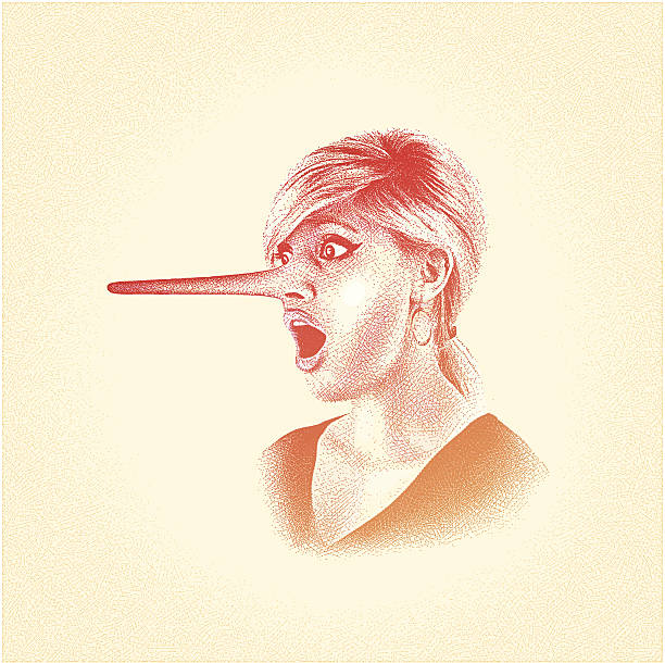 Liar Etching illustration of woman telling a big lie. pinocchio illustrations stock illustrations