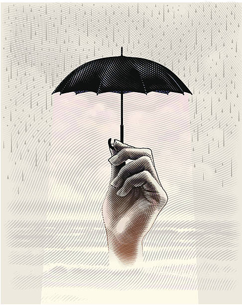 Protection From Storm Engraving style illustration of umbrella protecting hand, waiting for metaphoric storm to pass. recession protection stock illustrations