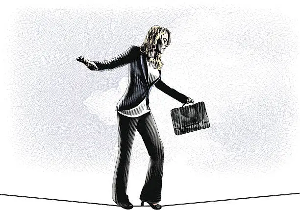 Vector illustration of Businesswoman Walking Tightrope