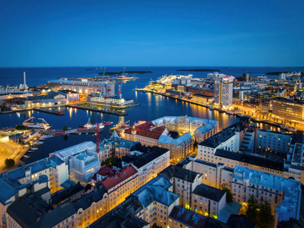 Helsinki Cityscape at Night in Summer Aerial Twilight View Finland stock photo