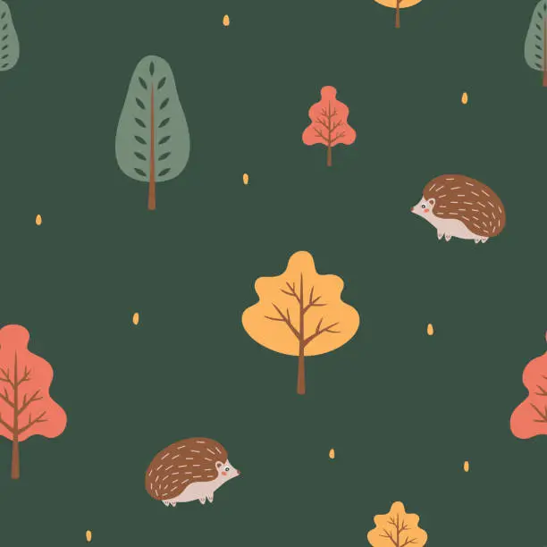 Vector illustration of Fall seamless pattern with cute hedgehogs among autumn trees in forest. Woodland baby animals theme background. Perfect for decorating kids' projects.