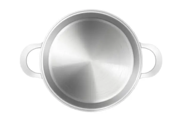 Vector illustration of Top view of empty steel cooking pot or pan isolated on white background. Stainless steel frying pan. Mock-up. Realistic 3d vector illustration