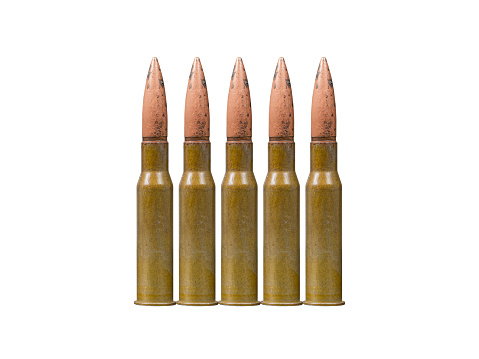 Five-round stripper clip with firearms cartridge with bullet 7,62 mm caliber is isolated on white background.
