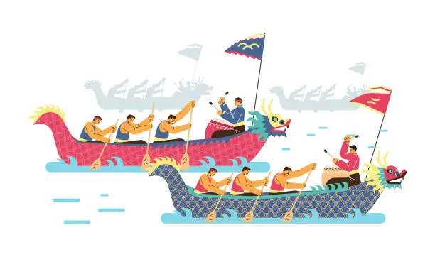 Vector illustration of Dragon boat chinese festival, competition two long boat with dragon body, men are rowing, drummer vector illustration