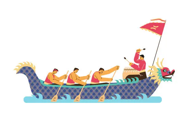 Vector illustration of Dragon boat chinese festival, long boat with dragon body, flag, vector asian men are rowing, the drummer is beating drum