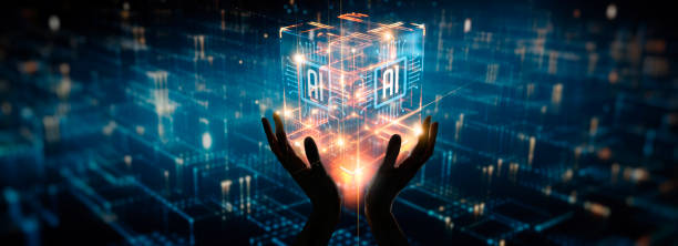 istock Artificial intelligence AI circuit board in cubic electronic PCB circuit icon symbol on businessman hand finger holding with futuristic cyberspace lighting. Innovative technology Machine learning 1580964352