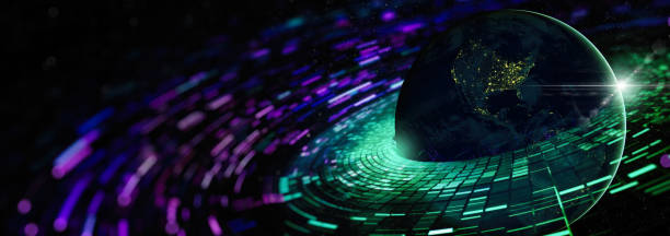 istock Communication technology for internet business. Global world network and telecommunication on earth cryptocurrency and blockchain and IoT. with 3D software and Based on imagery from NASA. https://www.nasa.gov/specials/blackmarble/2016/globalmaps/BlackMarb 1580964355