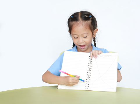 Smiling little child girl in school uniform show writing on blank notebook sitting at desk isolated over white background.
