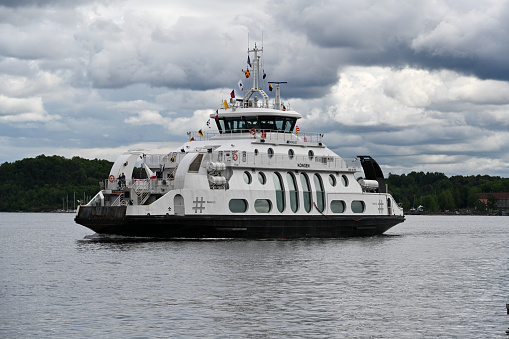 Oslo, Norway, July 4, 2023 - The ferry KONGEN (IMO 9481166) with a gas-electric propulsion in the Oslofjord / Norway, a double-ended ferry of the Norwegian shipping company Norled.