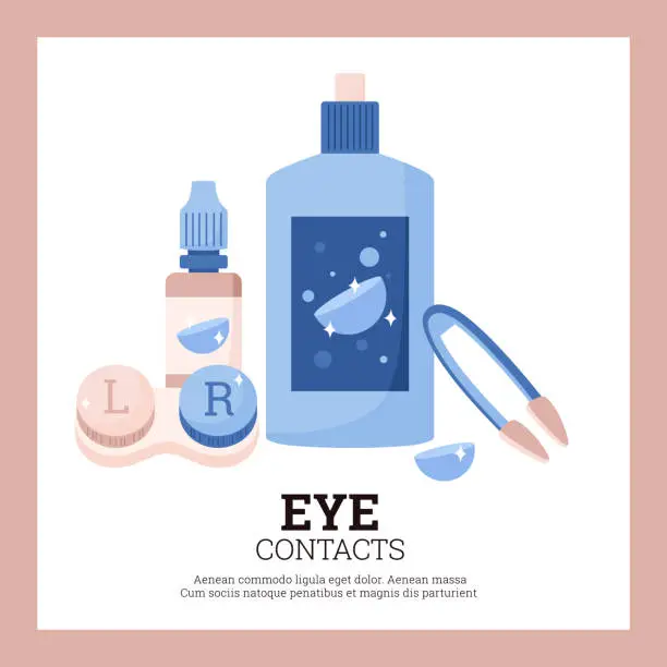 Vector illustration of Poster with optometry accessory for vision correction, vector contact lenses, bottle with liquid, container and tweezer