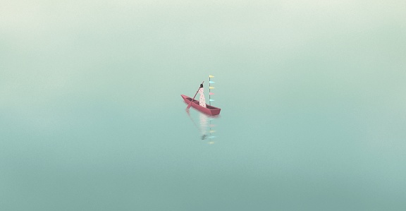 Woman alone on aboat in river.  nature landscape artwork. loneliness and solitude concept