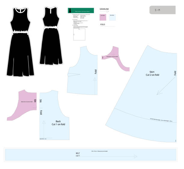 Pretty woman style dress sewing pattern Stylish dress in pretty woman style.Vector sewing pattern in small-medium sizes. Features a semi-loose fit, midi length, mid waist with elastic waistband, O-neckline. Back slit and button closure. clothing patterns stock illustrations