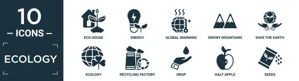 Vector illustration of filled ecology icon set. contain flat eco house, energy, global warming, snowy mountains, save the earth, ecology, recycling factory, drop, half apple, seeds icons in editable format..