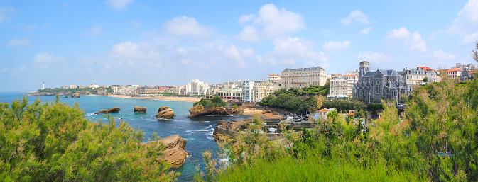 Panoramic view of Biarritz from the bell of the Atalaye plateau with in the foreground the fishermen's port dominated by the Sainte Eugenie church, then the large beach protected by its lighthouse.