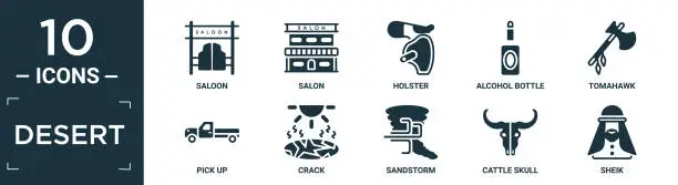 Vector illustration of filled desert icon set. contain flat saloon, salon, holster, alcohol bottle, tomahawk, pick up, crack, sandstorm, cattle skull, sheik icons in editable format..