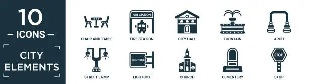 Vector illustration of filled city elements icon set. contain flat chair and table, fire station, city hall, fountain, arch, street lamp, lightbox, church, cementery, stop icons in editable format..