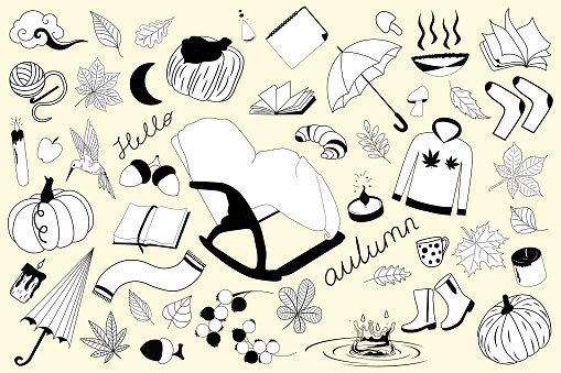 Big autumn set. Cartoon black and white illustration with autumn symbols and attributes