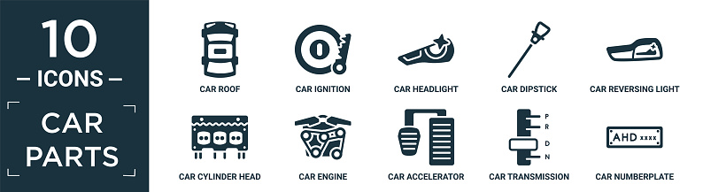 filled car parts icon set. contain flat car roof, car ignition, car headlight, dipstick, reversing light, cylinder head, engine, accelerator, transmission, numberplate icons in editable format.