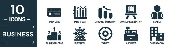 Vector illustration of filled business icon set. contain flat bank card, bars chart, growing bar graph, small presentation board, reader, ranking factor, big wheel, target, cashbox, corporation icons in editable format..