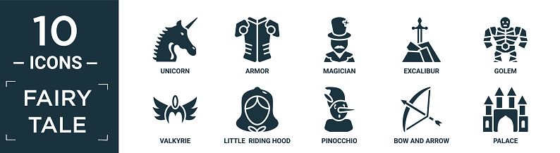 filled fairy tale icon set. contain flat unicorn, armor, magician, excalibur, golem, valkyrie, little riding hood, pinocchio, bow and arrow, palace icons in editable format.