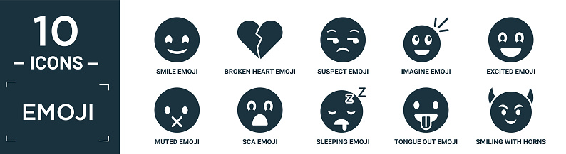 filled emoji icon set. contain flat smile emoji, broken heart emoji, suspect imagine excited muted sca sleeping tongue out smiling with horns icons in editable format.