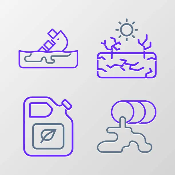 Vector illustration of Set line Barrel oil leak, Bio fuel canister, Drought and Wrecked tanker ship icon. Vector