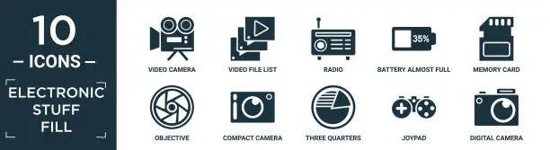 Vector illustration of filled electronic stuff fill icon set. contain flat video camera, video file list, radio, battery almost full, memory card, objective, compact camera, three quarters, joypad, digital camera icons in.