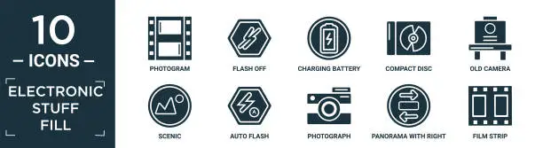 Vector illustration of filled electronic stuff fill icon set. contain flat photogram, flash off, charging battery, compact disc, old camera, scenic, auto flash, photograph, panorama with right arrow, film strip icons in.