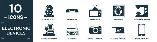 Vector illustration of filled electronic devices icon set. contain flat compact disc, telephone, television, weighing, food processor, ice cream maker, boombox, photo camera, electric pencil sharpener, mobile phone icons.