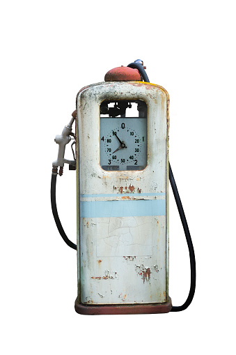 Vintage rusty grunge gas pump, isolated on white