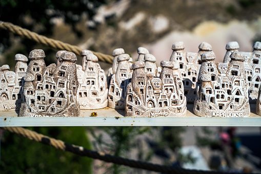 Several decorative item of caves in the city of Turkey or Miniature of Cappadocia objects in the bazaar, Nevsehir.
