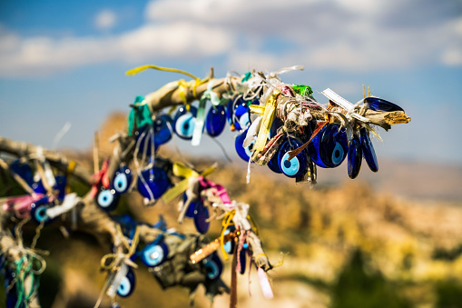 Tree and evil eye amulet in Cappadocia Turkey - nature background