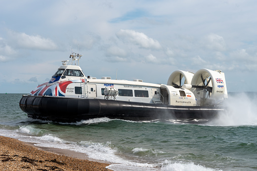 Hovertravel hovercraft arriving on Southsea beach after a short trip from the Isle of Wight.