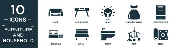 Vector illustration of filled furniture and household icon set. contain flat sofa, adornment, lamp, garbage bags, dehumidifier, bedroom, bench, bidet, crib, rugs icons in editable format..